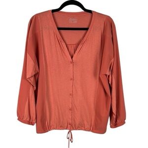 Eddie Bauer Outdoor Cotton Lyocell Button Front Tie Waist Long Sleeve Top Large